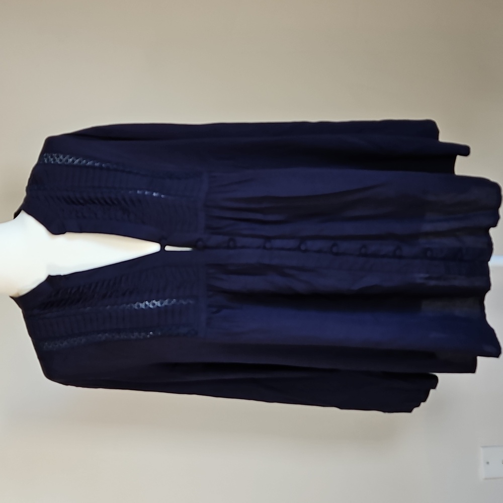 Solitaire Button Blouse Navy Flare Sleeve Pleated Bodice Boho Prairie NEW 1X